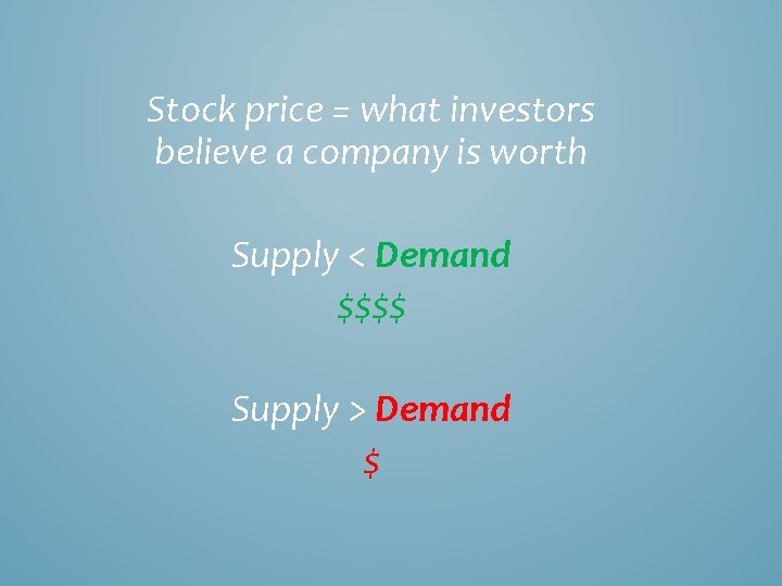Stock price = what investors believe a company is worth Supply < Demand $$$$ Stock price = what investors believe a company is worth Supply < Demand $$$$