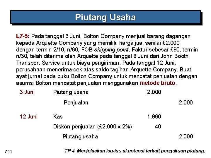 Piutang Usaha L 7 -5: Pada tanggal 3 Juni, Bolton Company menjual barang dagangan Piutang Usaha L 7 -5: Pada tanggal 3 Juni, Bolton Company menjual barang dagangan
