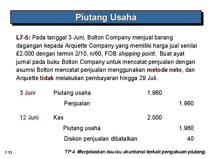 Piutang Usaha L 7 -5: Pada tanggal 3 Juni, Bolton Company menjual barang dagangan Piutang Usaha L 7 -5: Pada tanggal 3 Juni, Bolton Company menjual barang dagangan