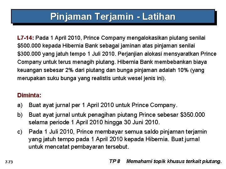 Pinjaman Terjamin - Latihan L 7 -14: Pada 1 April 2010, Prince Company mengalokasikan Pinjaman Terjamin - Latihan L 7 -14: Pada 1 April 2010, Prince Company mengalokasikan