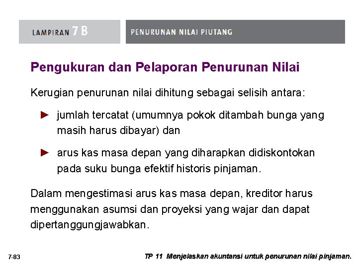 Pengukuran dan Pelaporan Penurunan Nilai Kerugian penurunan nilai dihitung sebagai selisih antara: ► jumlah Pengukuran dan Pelaporan Penurunan Nilai Kerugian penurunan nilai dihitung sebagai selisih antara: ► jumlah