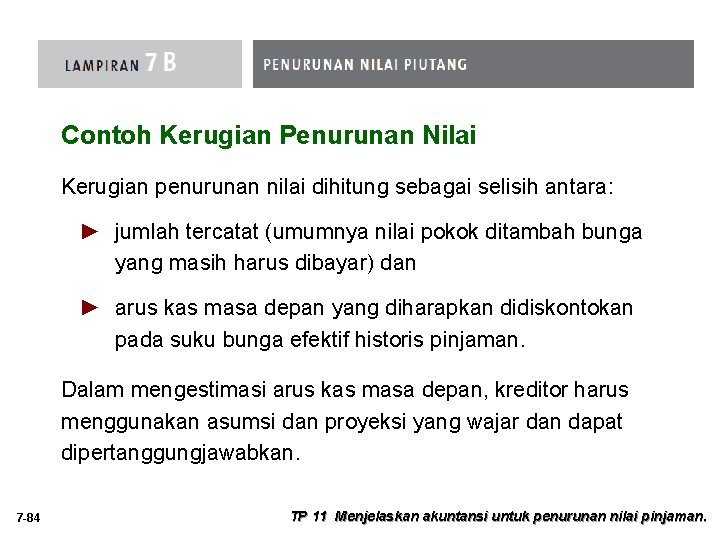 Contoh Kerugian Penurunan Nilai Kerugian penurunan nilai dihitung sebagai selisih antara: ► jumlah tercatat Contoh Kerugian Penurunan Nilai Kerugian penurunan nilai dihitung sebagai selisih antara: ► jumlah tercatat