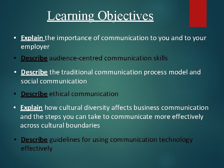 Learning Objectives • Explain the importance of communication to you and to your employer