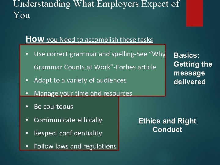 Understanding What Employers Expect of You How you Need to accomplish these tasks • Understanding What Employers Expect of You How you Need to accomplish these tasks •
