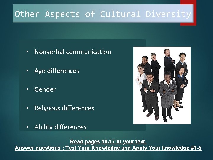 Other Aspects of Cultural Diversity • Nonverbal communication • Age differences • Gender • Other Aspects of Cultural Diversity • Nonverbal communication • Age differences • Gender •