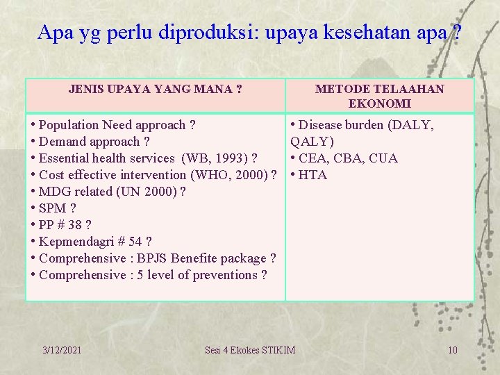 Apa yg perlu diproduksi: upaya kesehatan apa ? JENIS UPAYA YANG MANA ? •