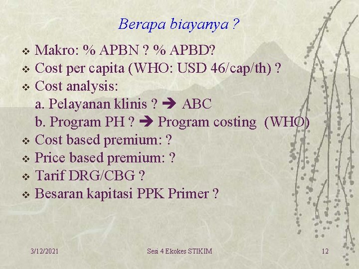 Berapa biayanya ? v v v v Makro: % APBN ? % APBD? Cost Berapa biayanya ? v v v v Makro: % APBN ? % APBD? Cost