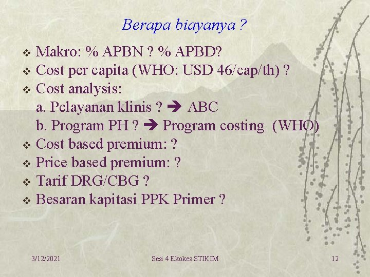 Berapa biayanya ? v v v v Makro: % APBN ? % APBD? Cost