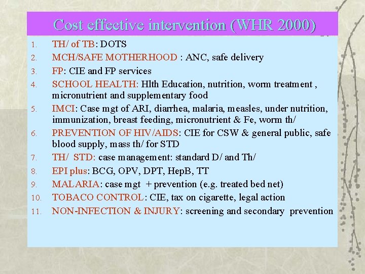 Cost effective intervention (WHR 2000) 1. 2. 3. 4. 5. 6. 7. 8. 9. Cost effective intervention (WHR 2000) 1. 2. 3. 4. 5. 6. 7. 8. 9.
