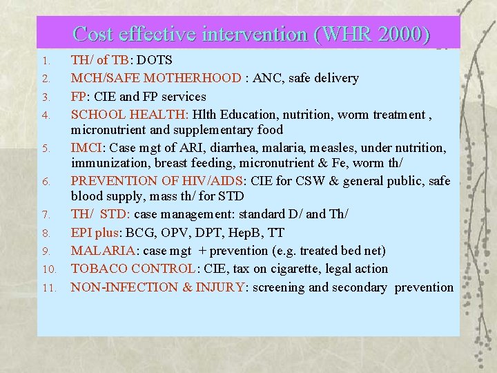 Cost effective intervention (WHR 2000) 1. 2. 3. 4. 5. 6. 7. 8. 9.