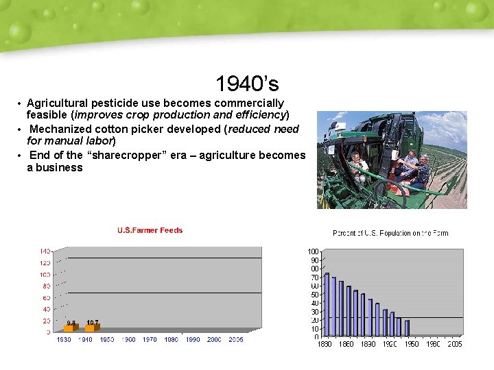 1940’s • Agricultural pesticide use becomes commercially feasible (improves crop production and efficiency) •