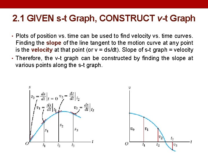 2. 1 GIVEN s-t Graph, CONSTRUCT v-t Graph • Plots of position vs. time