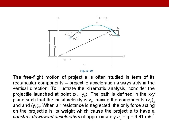 The free-flight motion of projectile is often studied in term of its rectangular components