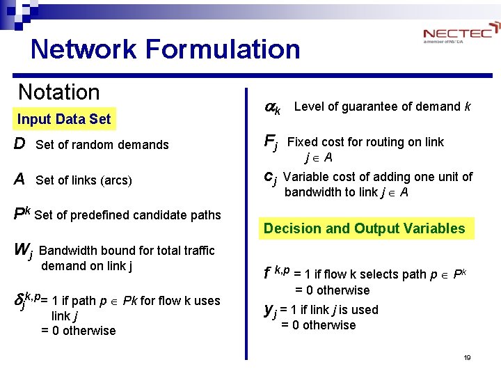 Network Formulation Notation Input Data Set ak Level of guarantee of demand k D Network Formulation Notation Input Data Set ak Level of guarantee of demand k D