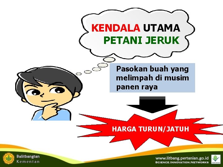 KENDALA UTAMA PETANI JERUK Pasokan buah yang melimpah di musim panen raya HARGA TURUN/JATUH KENDALA UTAMA PETANI JERUK Pasokan buah yang melimpah di musim panen raya HARGA TURUN/JATUH