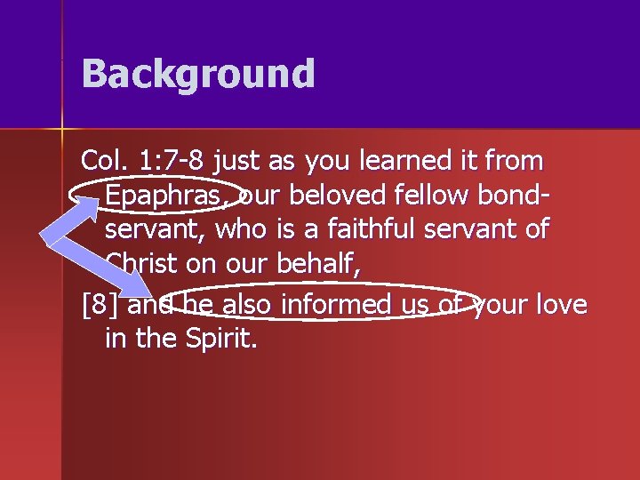 Background Col. 1: 7 -8 just as you learned it from Epaphras, our beloved Background Col. 1: 7 -8 just as you learned it from Epaphras, our beloved