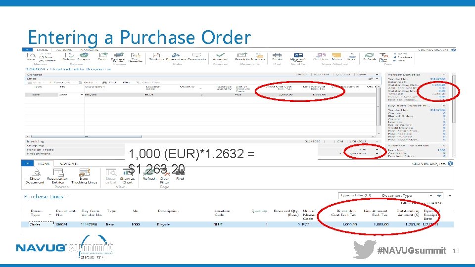 Entering a Purchase Order 1, 000 (EUR)*1. 2632 = $1, 263. 20 #NAVUGsummit 13