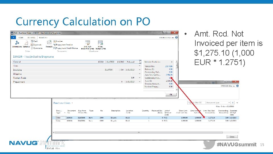 Currency Calculation on PO • Amt. Rcd. Not Invoiced per item is $1, 275.
