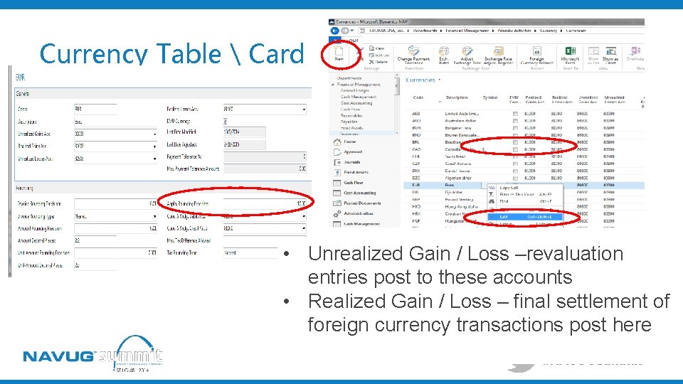 Currency Table  Card • Unrealized Gain / Loss –revaluation entries post to these