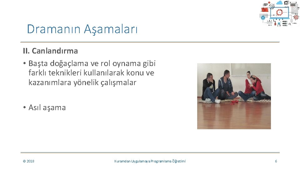 Dramanın Aşamaları II. Canlandırma • Başta doğaçlama ve rol oynama gibi farklı teknikleri kullanılarak Dramanın Aşamaları II. Canlandırma • Başta doğaçlama ve rol oynama gibi farklı teknikleri kullanılarak