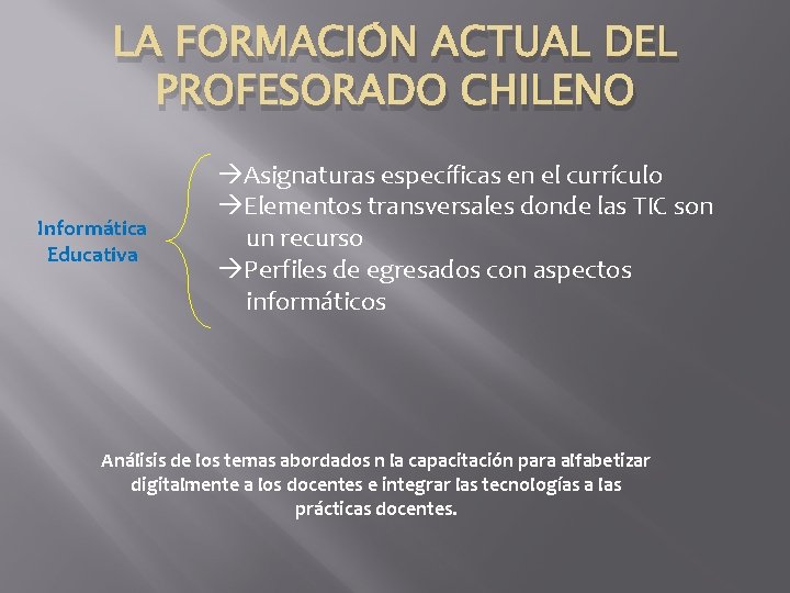 LA FORMACIÓN ACTUAL DEL PROFESORADO CHILENO Informática Educativa Asignaturas específicas en el currículo Elementos