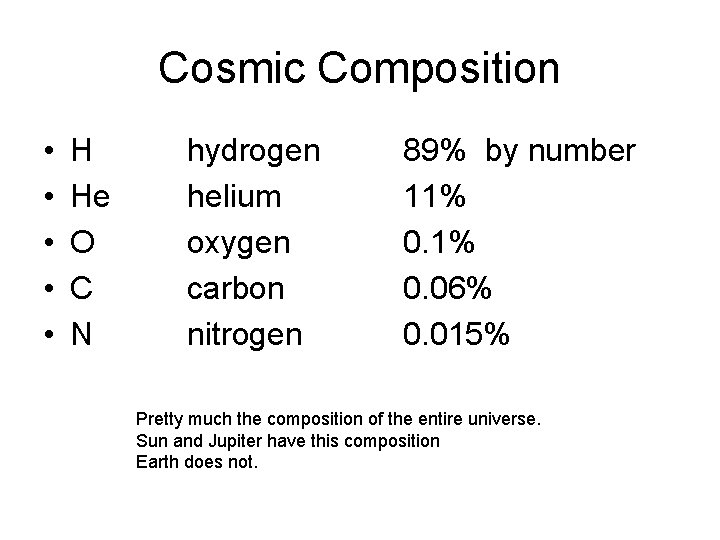 Cosmic Composition • • • H He O C N hydrogen helium oxygen carbon Cosmic Composition • • • H He O C N hydrogen helium oxygen carbon