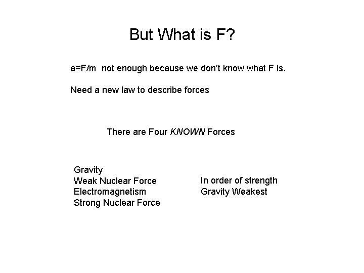 But What is F? a=F/m not enough because we don’t know what F is. But What is F? a=F/m not enough because we don’t know what F is.