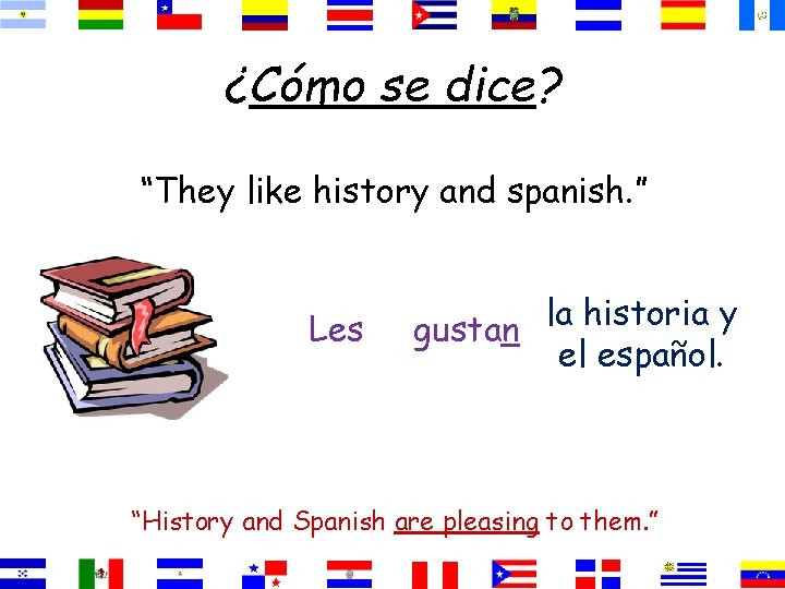 ¿Cómo se dice? “They like history and spanish. ” Les la historia y gustan ¿Cómo se dice? “They like history and spanish. ” Les la historia y gustan