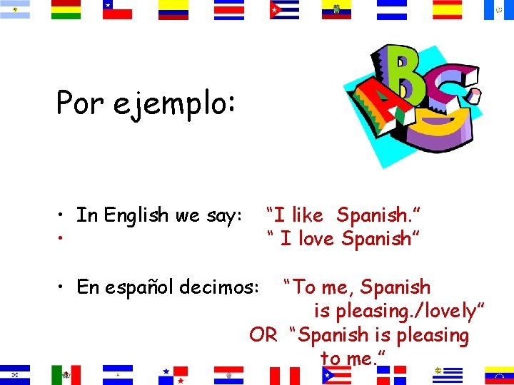 Por ejemplo: • In English we say: • “I like Spanish. ” “ I Por ejemplo: • In English we say: • “I like Spanish. ” “ I