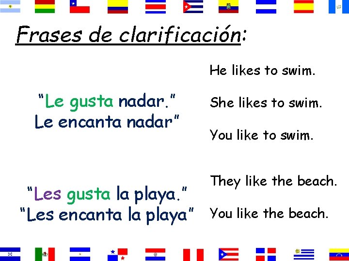 Frases de clarificación: He likes to swim. “Le gusta nadar. ” Le encanta nadar” Frases de clarificación: He likes to swim. “Le gusta nadar. ” Le encanta nadar”