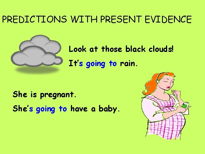 PREDICTIONS WITH PRESENT EVIDENCE Look at those black clouds! It’s going to rain. She