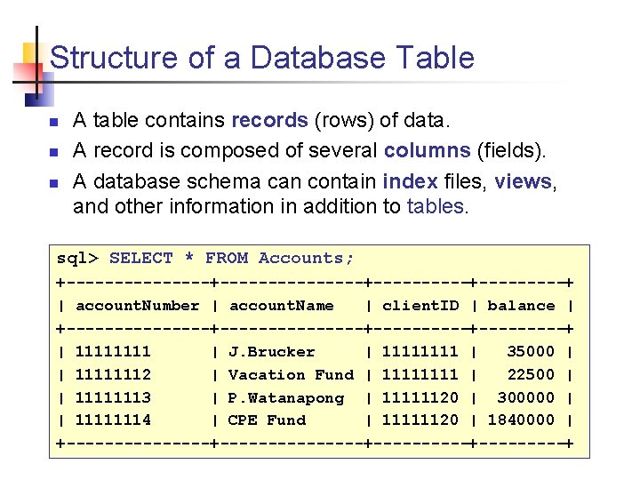 Structure of a Database Table n n n A table contains records (rows) of