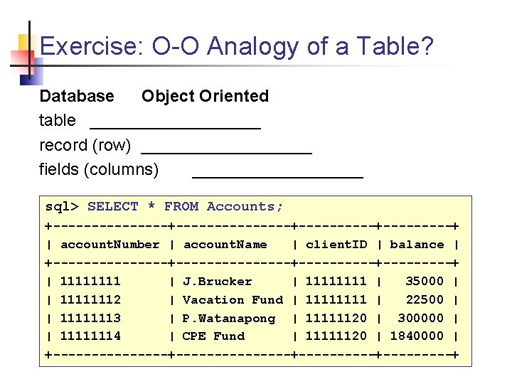 Exercise: O-O Analogy of a Table? Database Object Oriented table _________ record (row) _________