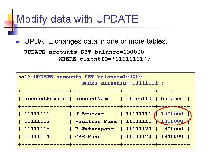 Modify data with UPDATE n UPDATE changes data in one or more tables: UPDATE