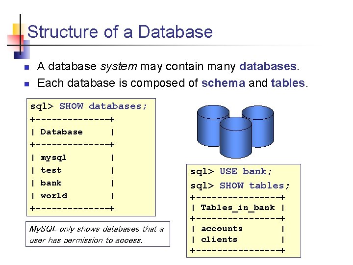 Structure of a Database n n A database system may contain many databases. Each