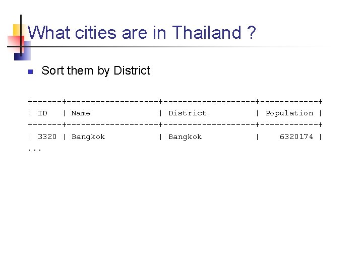 What cities are in Thailand ? n Sort them by District +-------------------+------------+ | ID