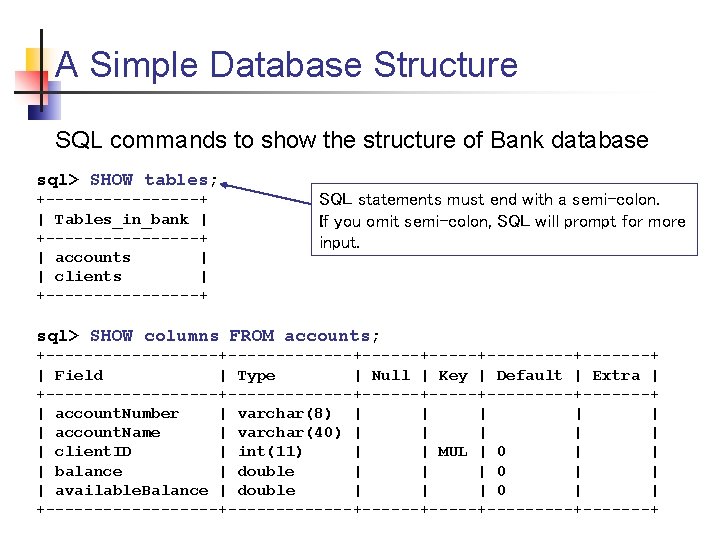 A Simple Database Structure SQL commands to show the structure of Bank database sql>