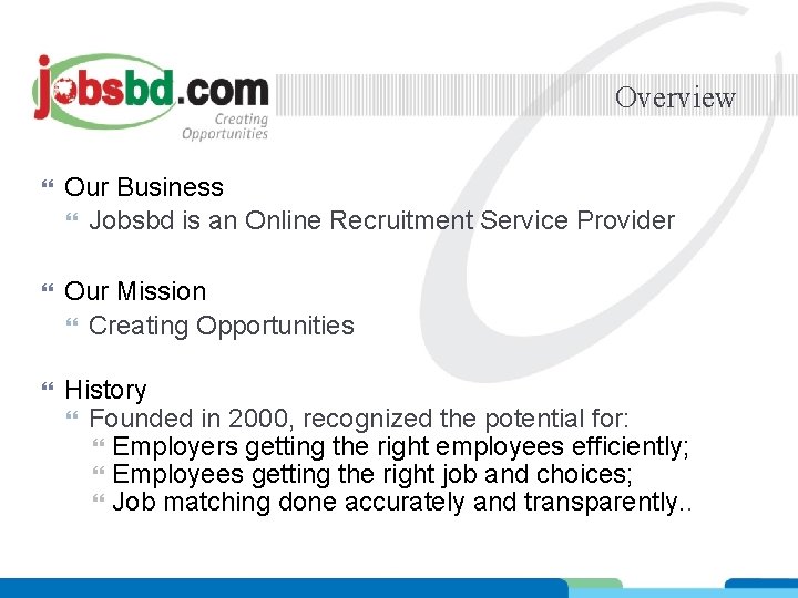 Overview Our Business Jobsbd is an Online Recruitment Service Provider Our Mission Creating Opportunities Overview Our Business Jobsbd is an Online Recruitment Service Provider Our Mission Creating Opportunities