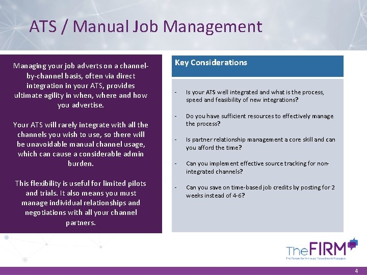 ATS / Manual Job Management Managing your job adverts on a channelby-channel basis, often