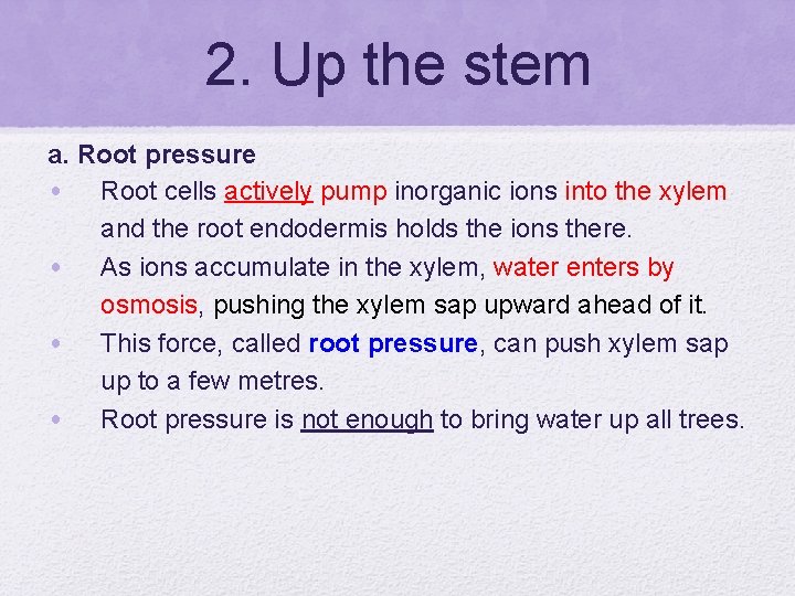 2. Up the stem a. Root pressure • Root cells actively pump inorganic ions