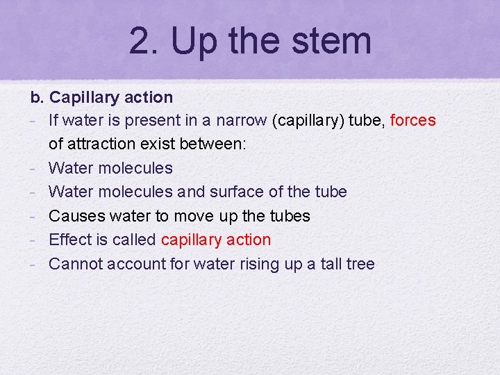 2. Up the stem b. Capillary action - If water is present in a