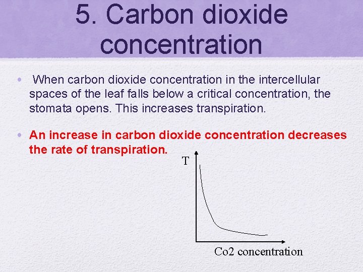 5. Carbon dioxide concentration • When carbon dioxide concentration in the intercellular spaces of