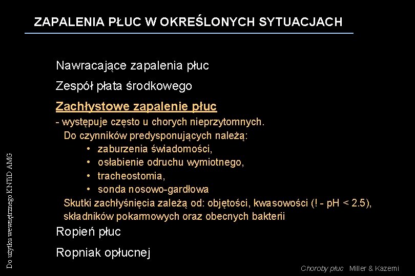 ZAPALENIA PŁUC W OKREŚLONYCH SYTUACJACH Nawracające zapalenia płuc Zespół płata środkowego Do użytku wewnętrznego