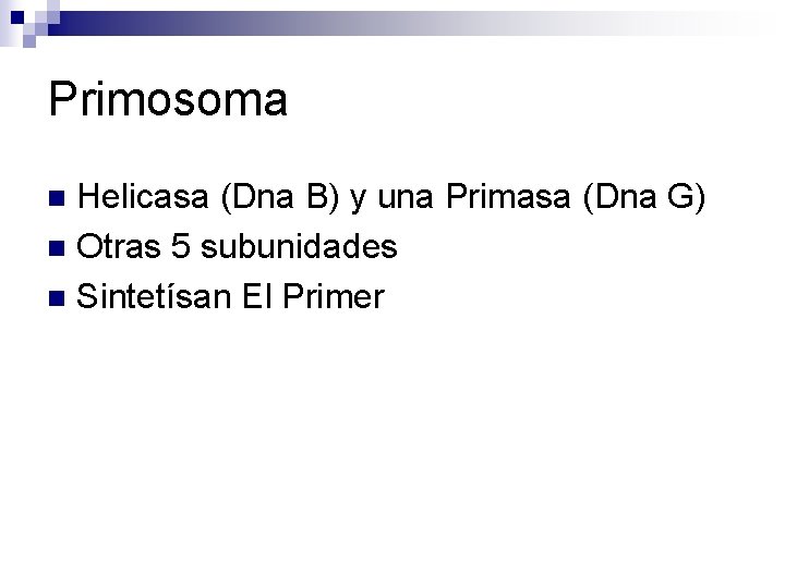 Primosoma Helicasa (Dna B) y una Primasa (Dna G) n Otras 5 subunidades n Primosoma Helicasa (Dna B) y una Primasa (Dna G) n Otras 5 subunidades n