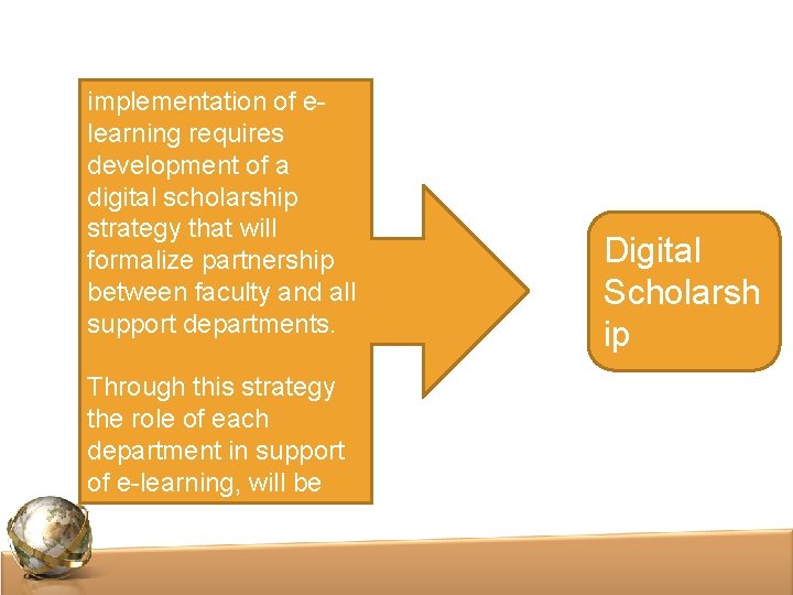 Successful implementation of elearning requires development of a digital scholarship strategy that will formalize Successful implementation of elearning requires development of a digital scholarship strategy that will formalize
