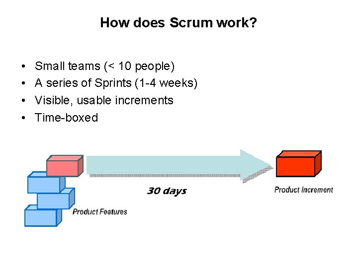 How does Scrum work? • • Small teams (< 10 people) A series of