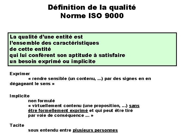 Définition de la qualité Norme ISO 9000 La qualité d’une entité est l’ensemble des