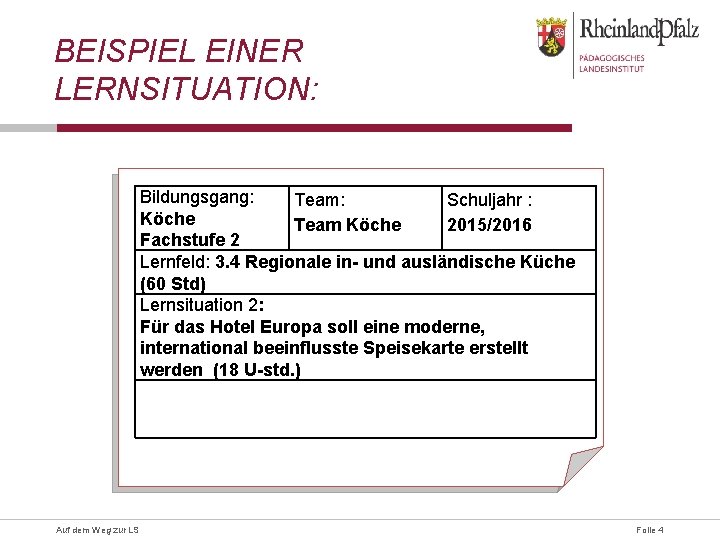 BEISPIEL EINER LERNSITUATION: Bildungsgang: Team: Schuljahr : Köche Team Köche 2015/2016 Fachstufe 2 Lernfeld: