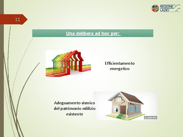11 Una delibera ad hoc per: Efficientamento energetico Adeguamento sismico del patrimonio edilizio esistente