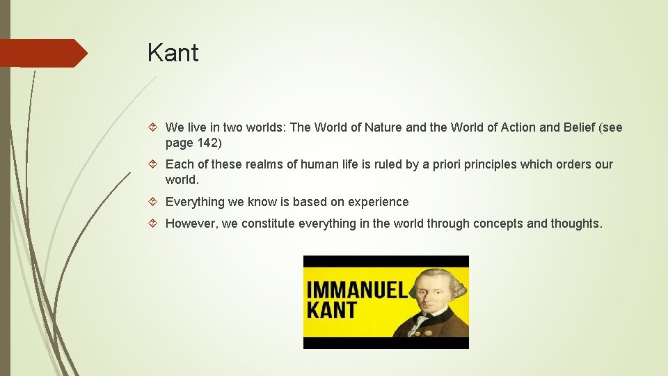 Kant We live in two worlds: The World of Nature and the World of